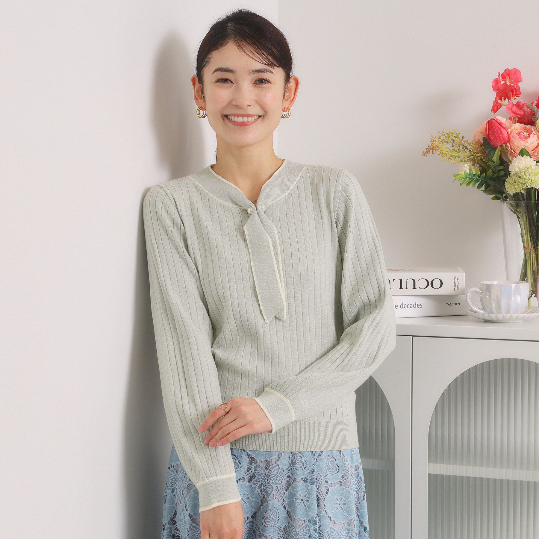 ITS&rsquo;DEMO「【手洗い可】配色ボウタイニット」|ニット・セーター|ライトグリーン(02