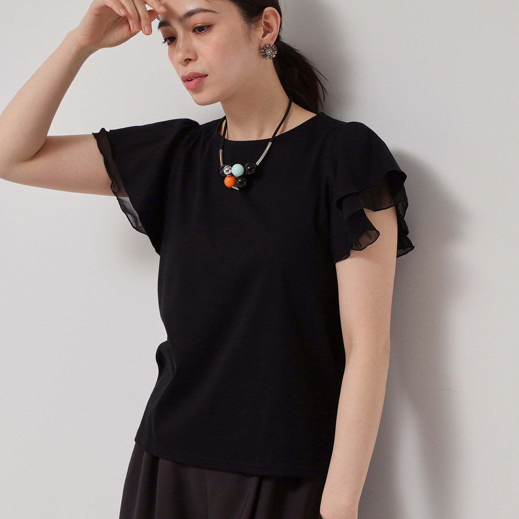 SunaUna「【接触冷感／S～Lサイズ展開】シフォン使いフレアスリーブカットソー」|Tシャツ・カットソー|