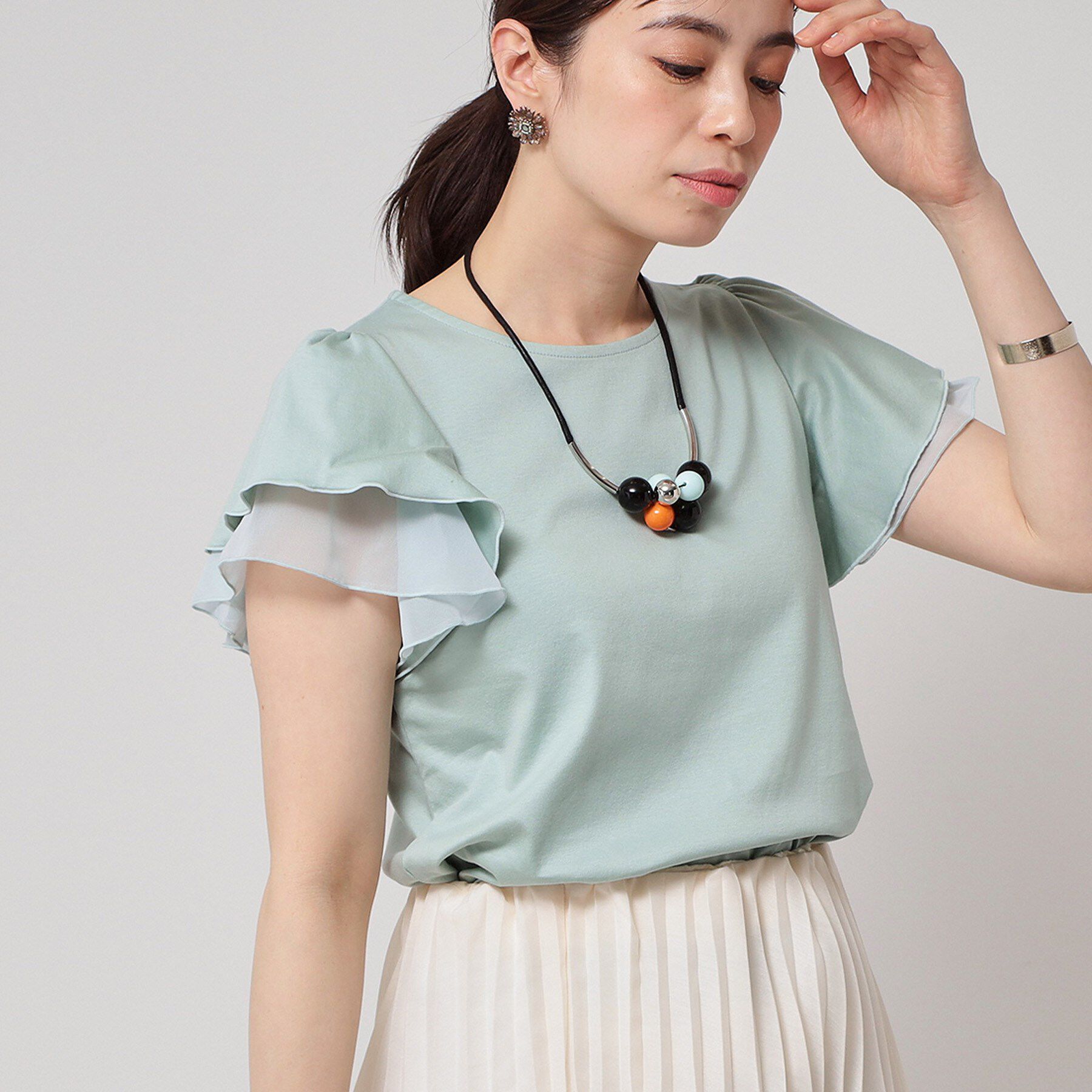 SunaUna「【接触冷感／S～Lサイズ展開】シフォン使いフレアスリーブカットソー」|Tシャツ・カットソー|ミントグリーン(02