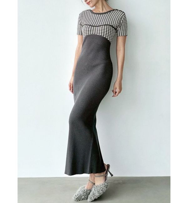 RESEXXY「ハウンドトゥースバイカラーニットワンピース」|ワンピース|チャコールグレー
