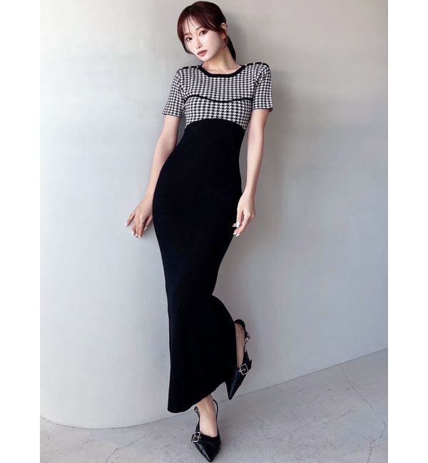 RESEXXY「ハウンドトゥースバイカラーニットワンピース」|ワンピース|