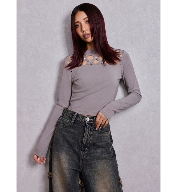 GYDA「latticeカット bijouトップス」|Tシャツ・カットソー|