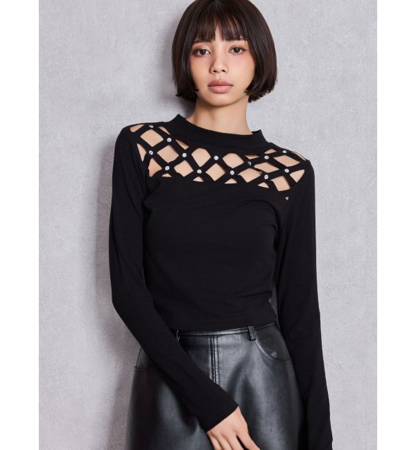 GYDA「latticeカット bijouトップス」|Tシャツ・カットソー|ブラック
