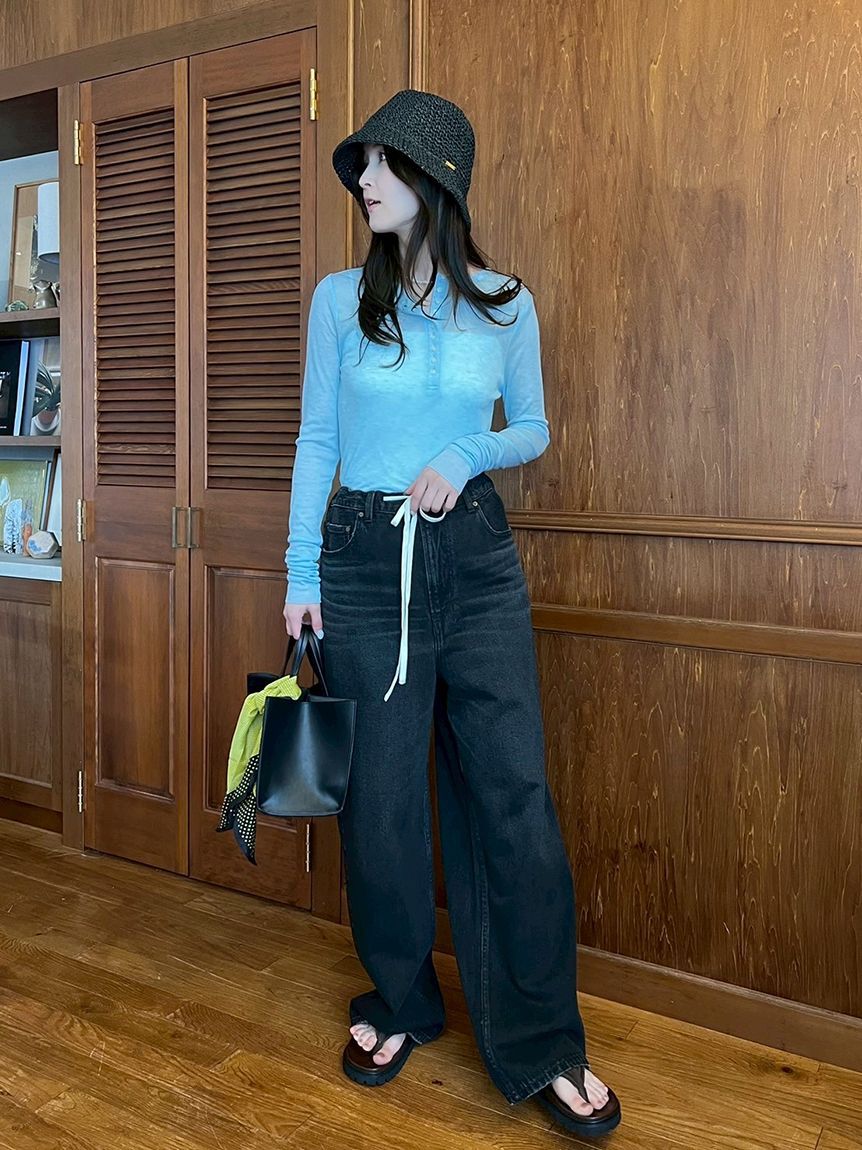 Mila Owen「ウエストドロストワイドデニムパンツ」|デニム|