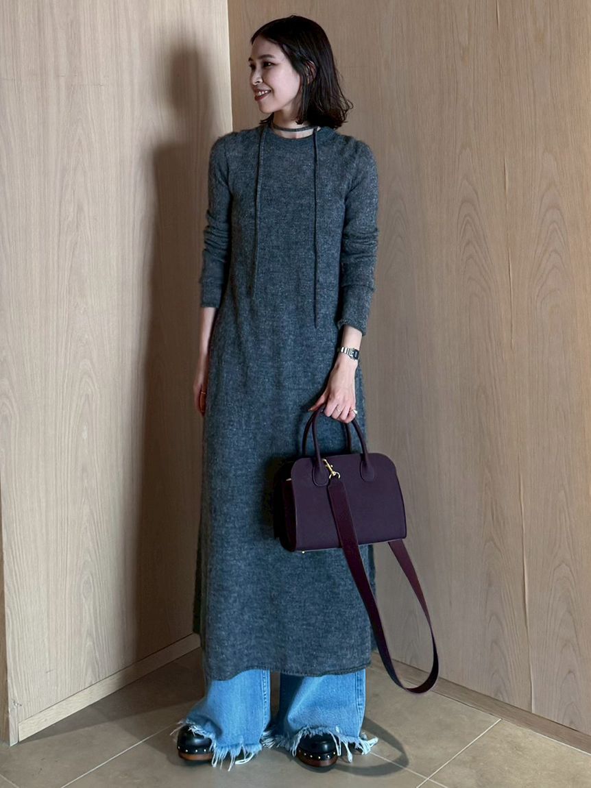 Mila Owen「タイ付きアルパカ混シアーニットフレアワンピース」|ワンピース|