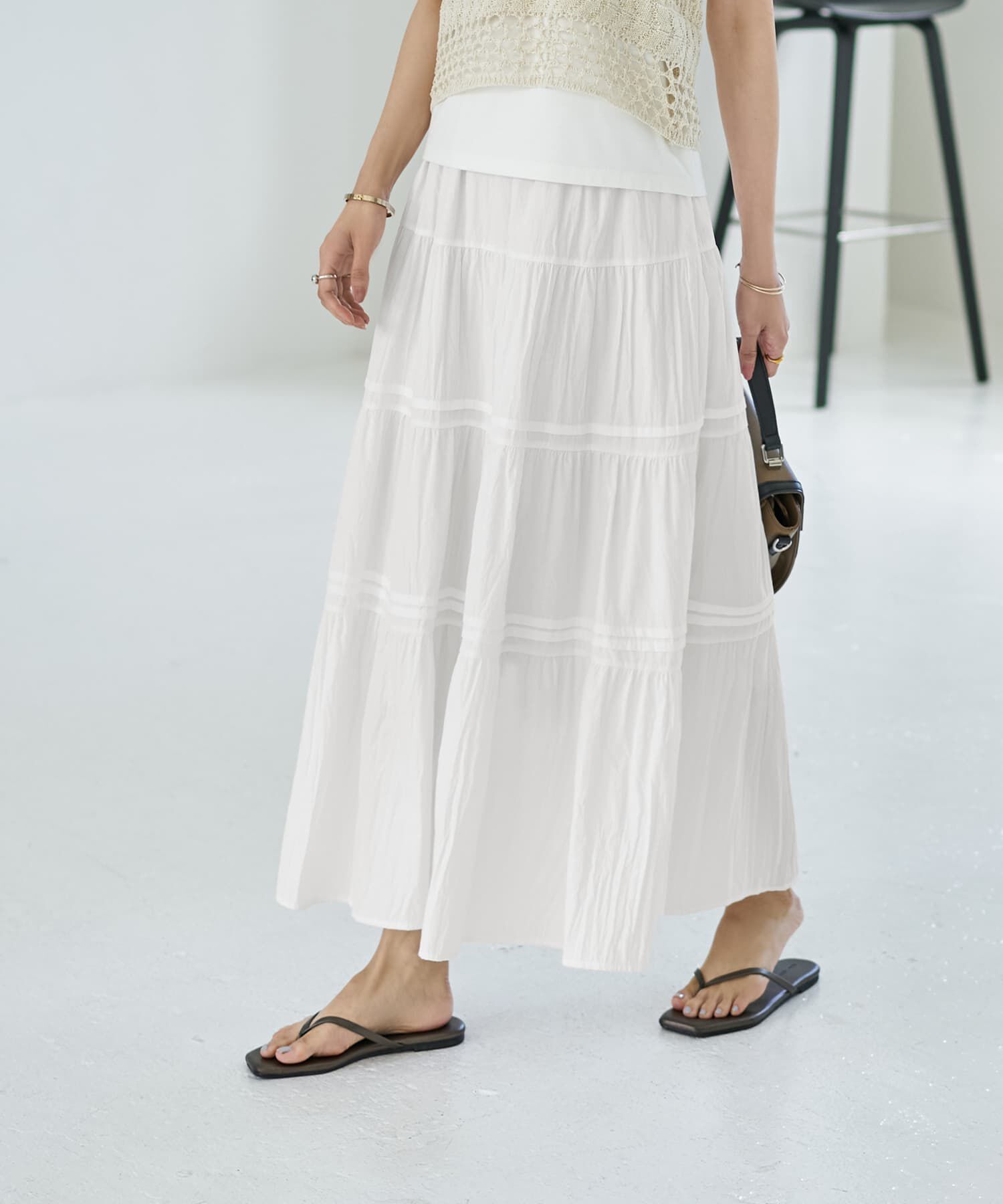 STYLE DELI「コットン質感のタックティアードロングスカート」|スカート|ホワイト