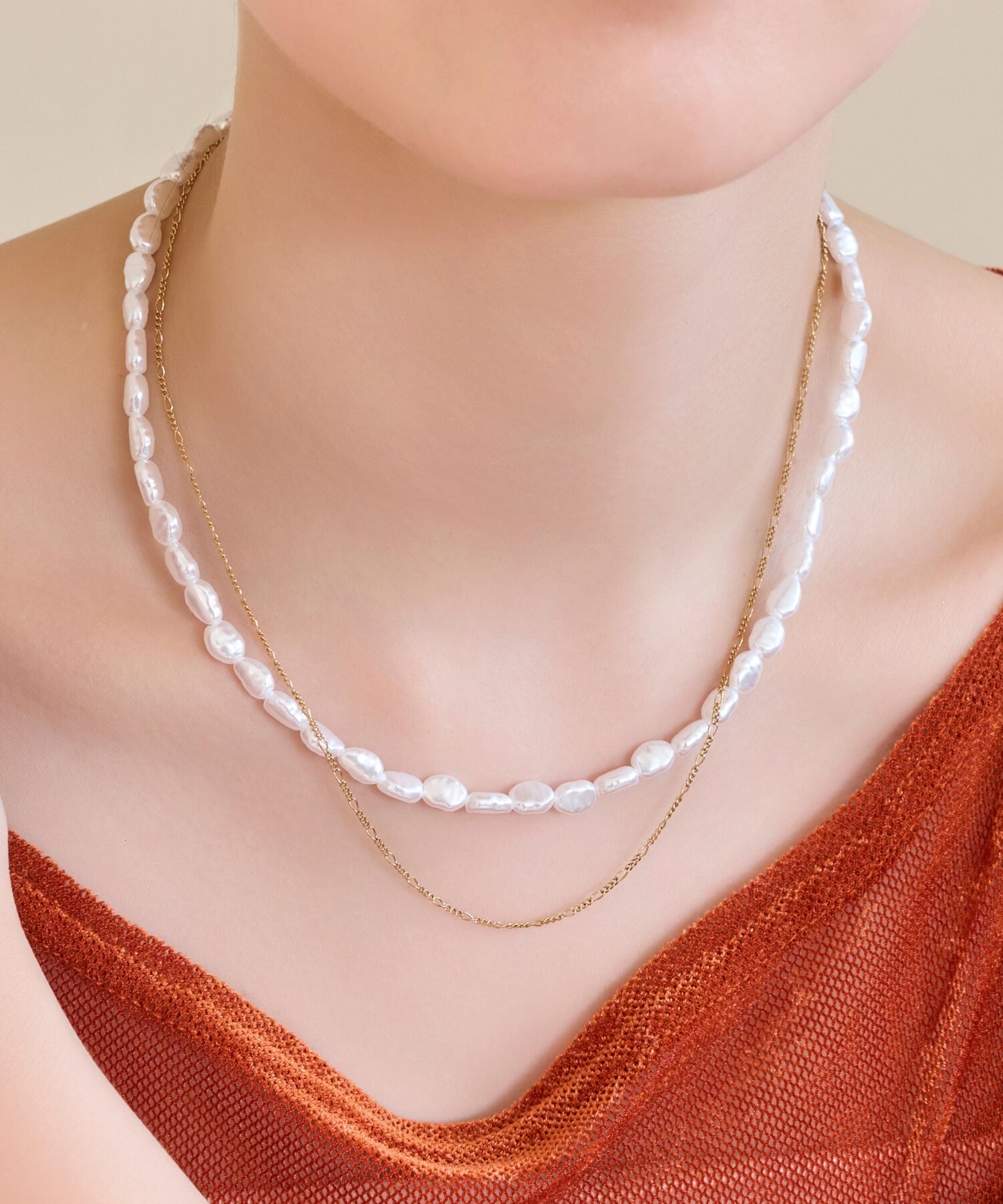 Phoebe「【金属アレルギー対応】クラシカルパール&times;チェーン2連ネックレス/サージカルステンレス」|ネックレス|