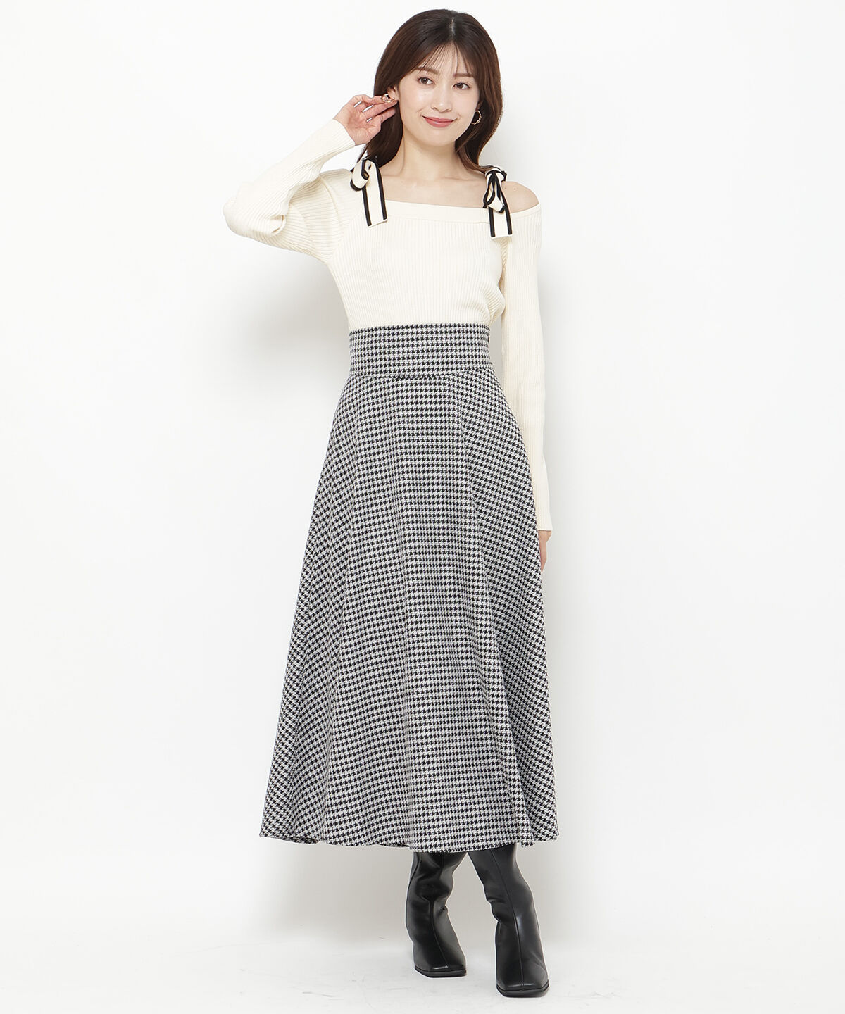 アンドクチュール「千鳥ジャガードフレアスカート」|フレア|ブラック