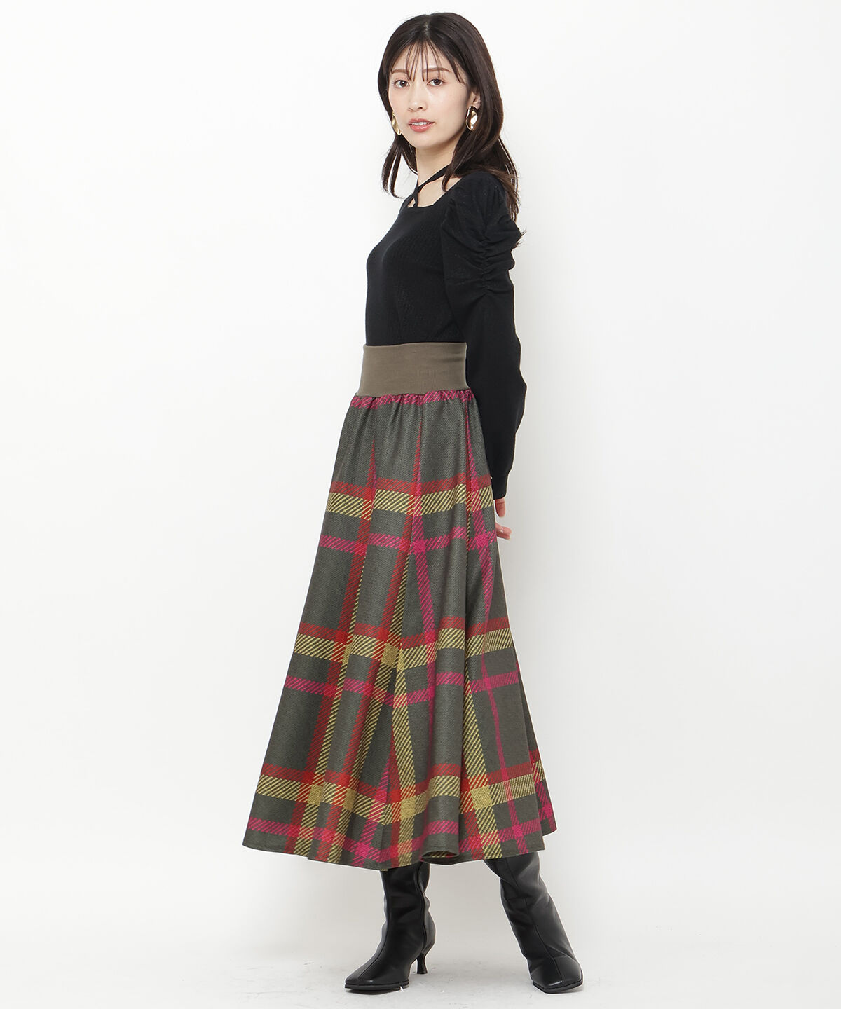 アンドクチュール「ウエストリブツイードチェックロングスカート」|フレア|茶系チェック