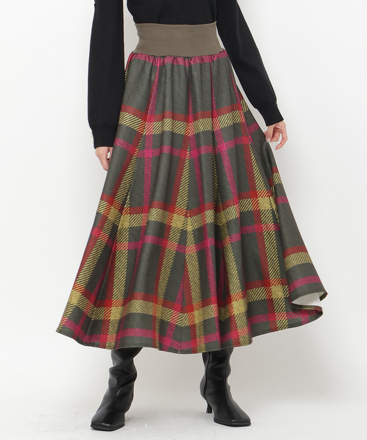 アンドクチュール「ウエストリブツイードチェックロングスカート」|フレア|