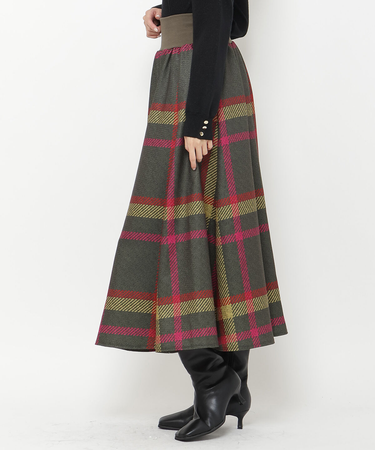 アンドクチュール「ウエストリブツイードチェックロングスカート」|フレア|