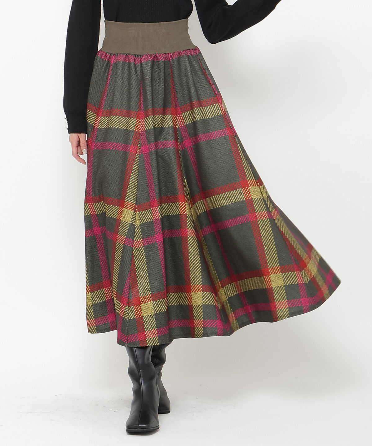 アンドクチュール「ウエストリブツイードチェックロングスカート」|フレア|