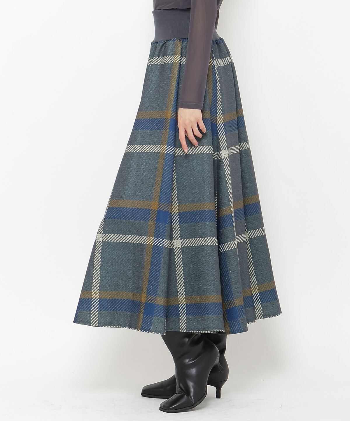 アンドクチュール「ウエストリブツイードチェックロングスカート」|フレア|