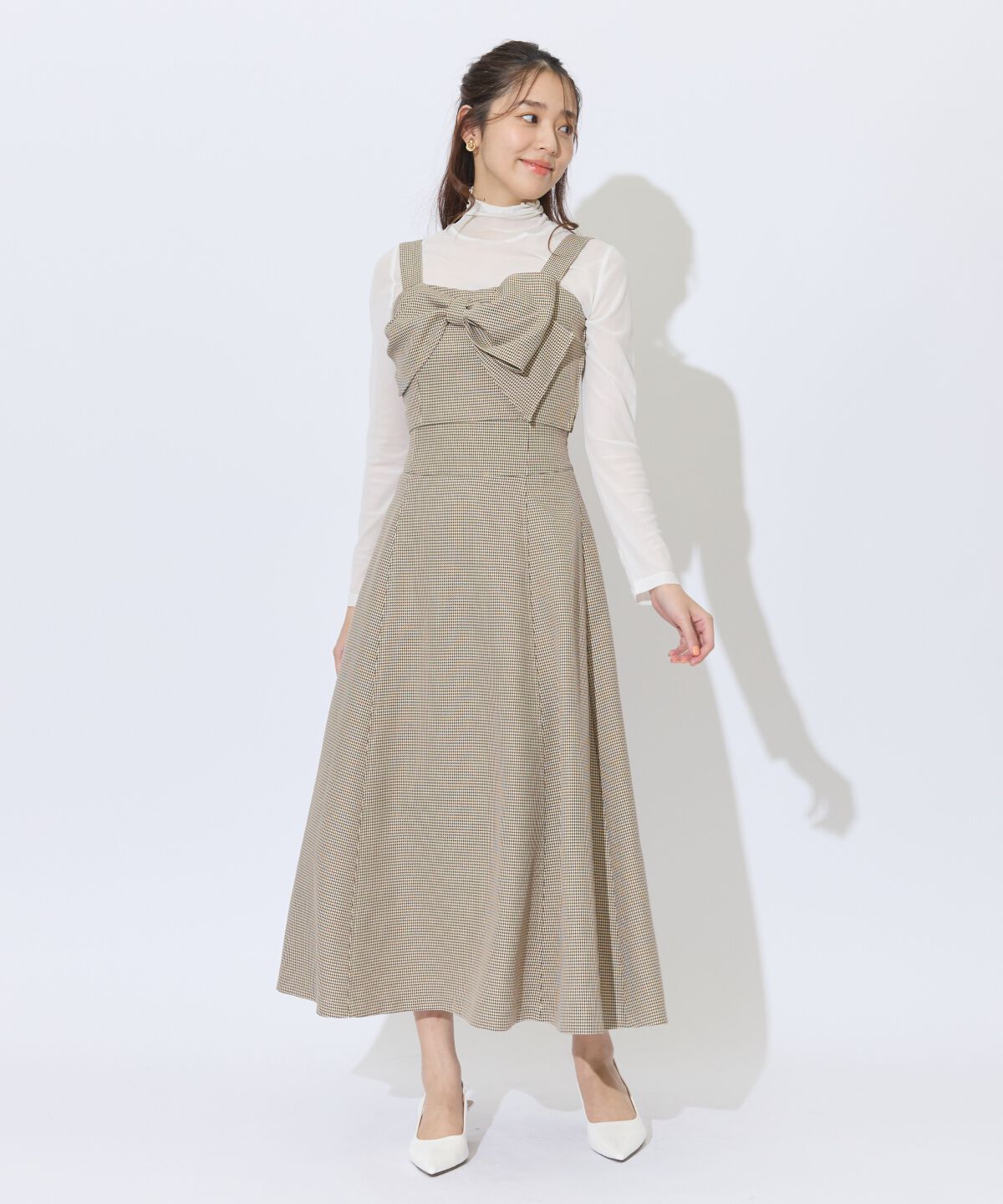 アンドクチュール「千鳥柄クラシカルリボンセットアップ」|ワンピース|ベージュ