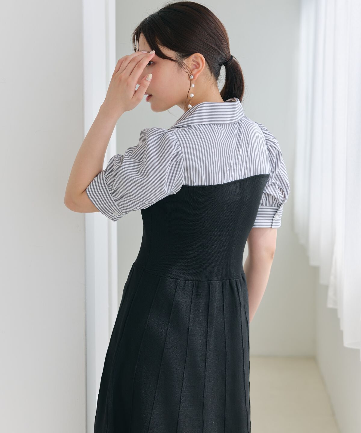 アンドクチュール「スキッパーシャツドッキング5分袖ワンピース」|ワンピース|