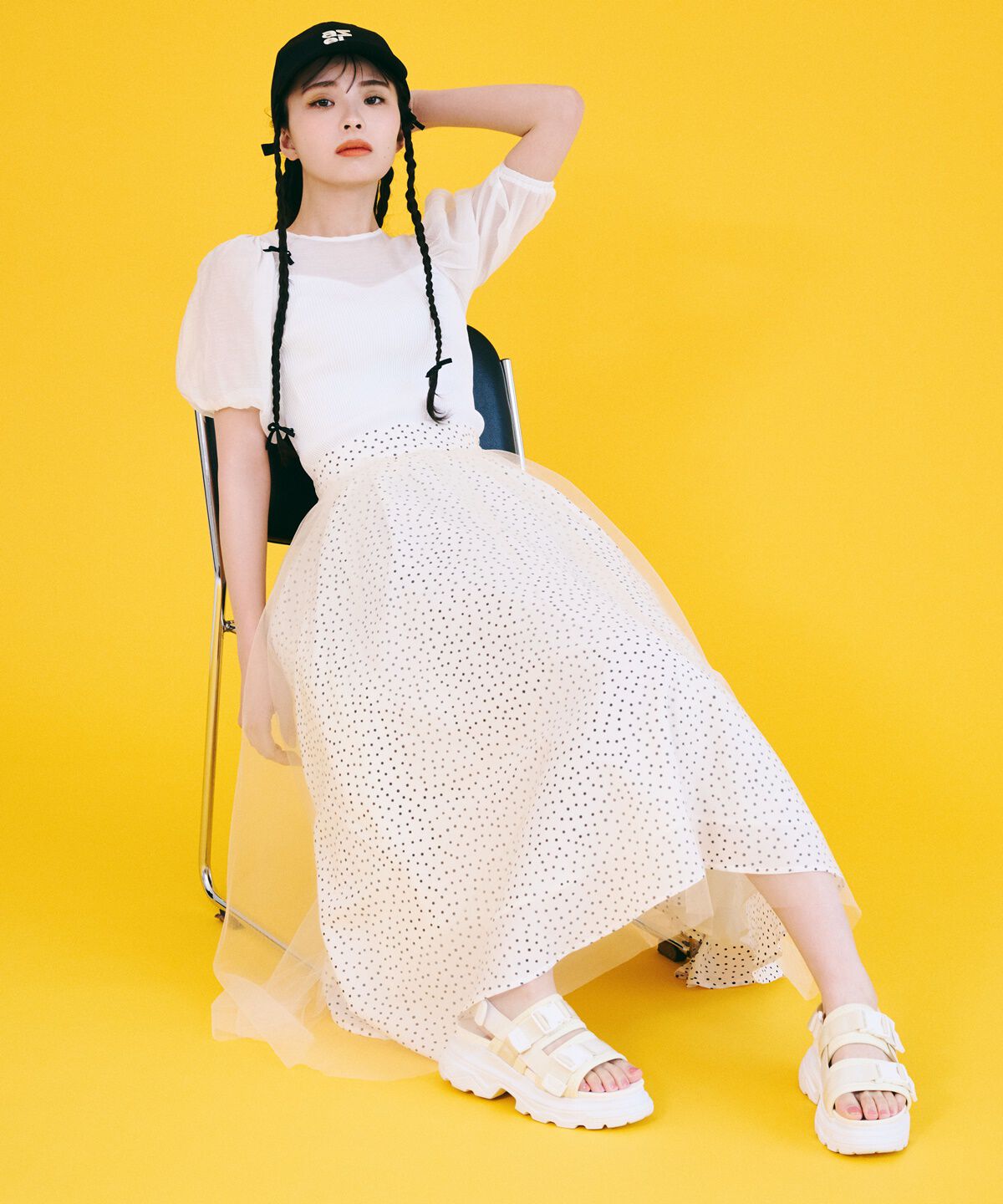 REDYAZEL「ドット&times;チュールフレアスカート」|フレア|白系その他