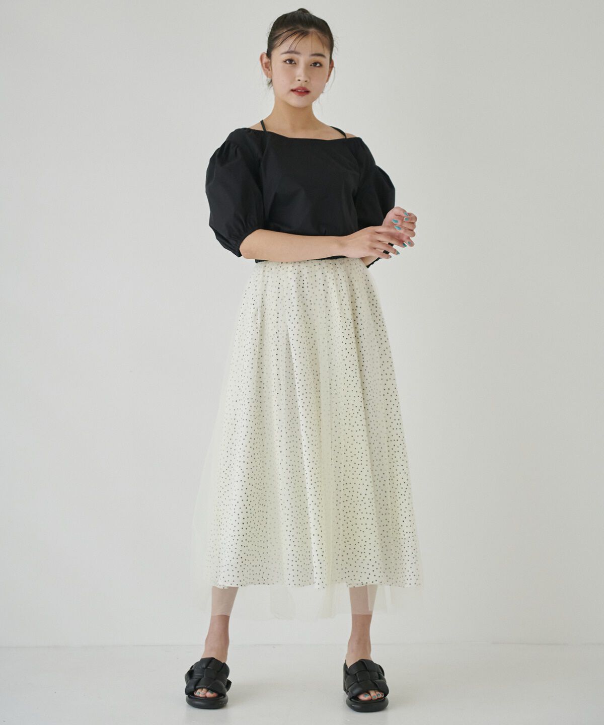 REDYAZEL「ドット&times;チュールフレアスカート」|フレア|