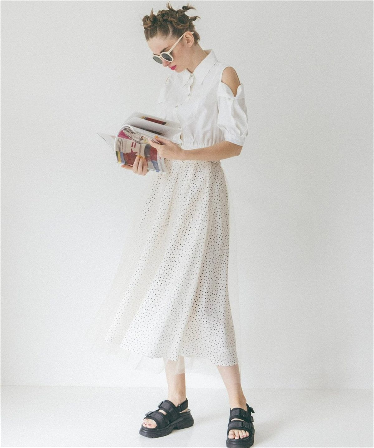 REDYAZEL「ドット&times;チュールフレアスカート」|フレア|