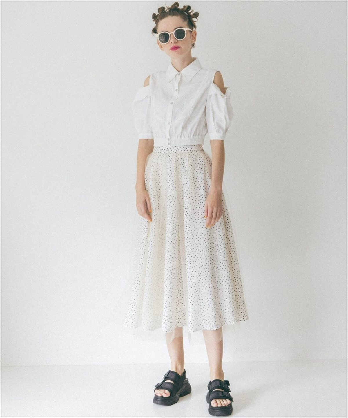 REDYAZEL「ドット&times;チュールフレアスカート」|フレア|