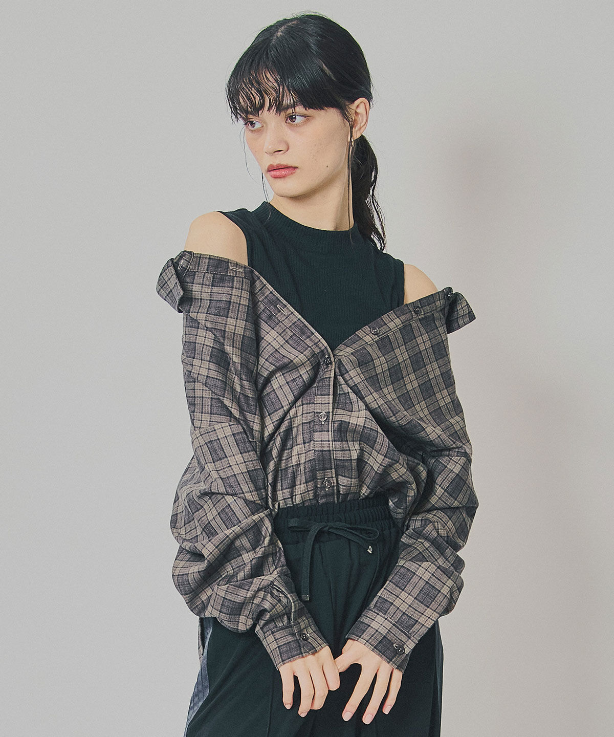 REDYAZEL「マルチウェイオフショルチェックシャツ&times;タンクトップ」|シャツ・ブラウス|ネイビー