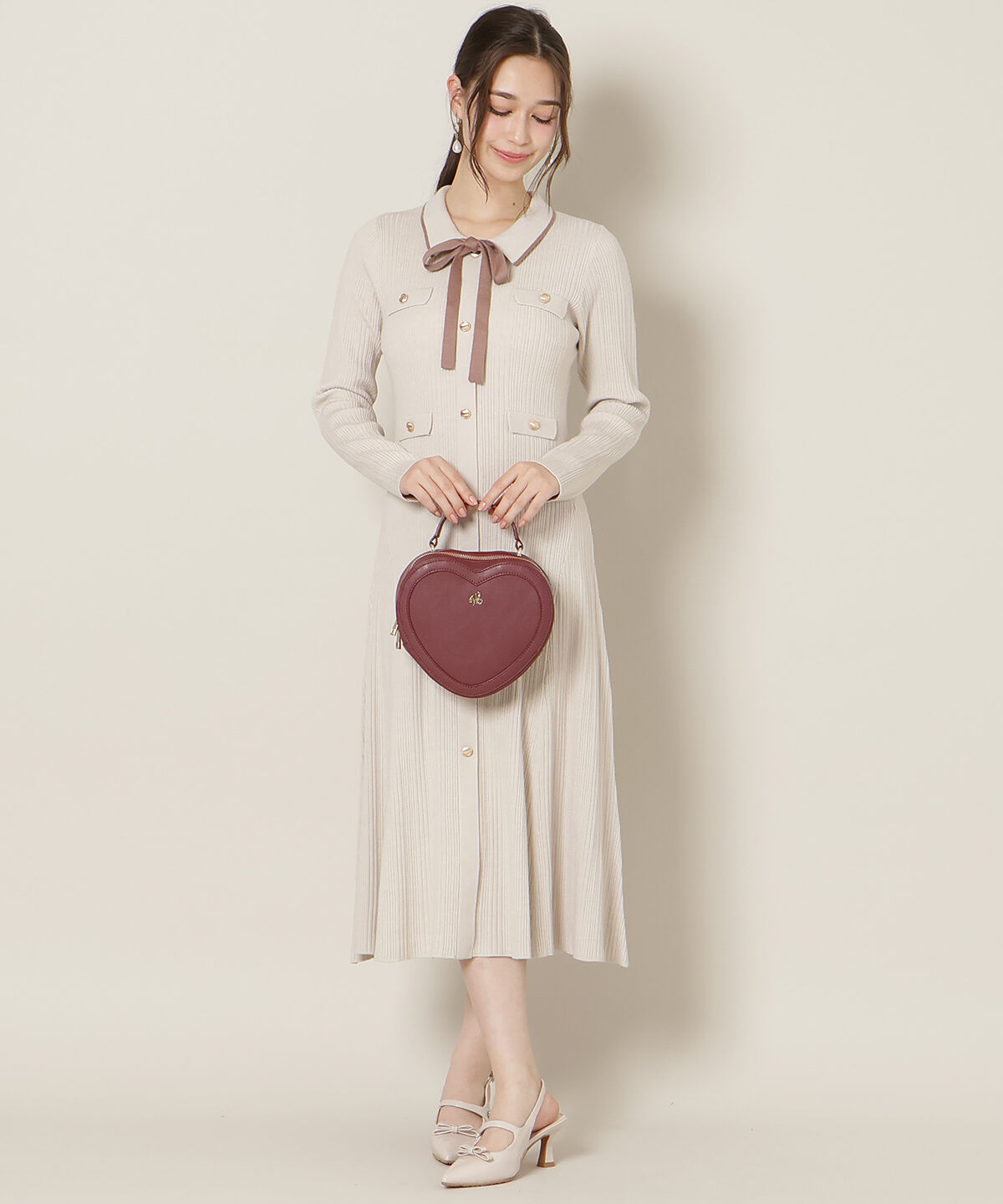 WILLSELECTION「フロントボタンリボンタイニットワンピース」|ワンピース|ピンク