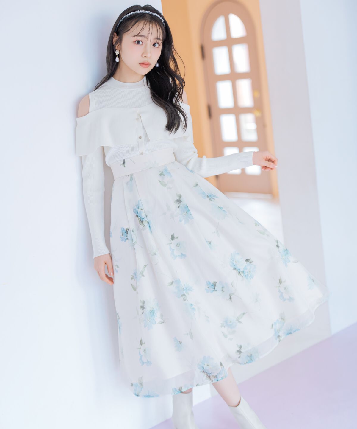 WILLSELECTION「フラワープリントシアータックスカート」|フレア|白系花柄