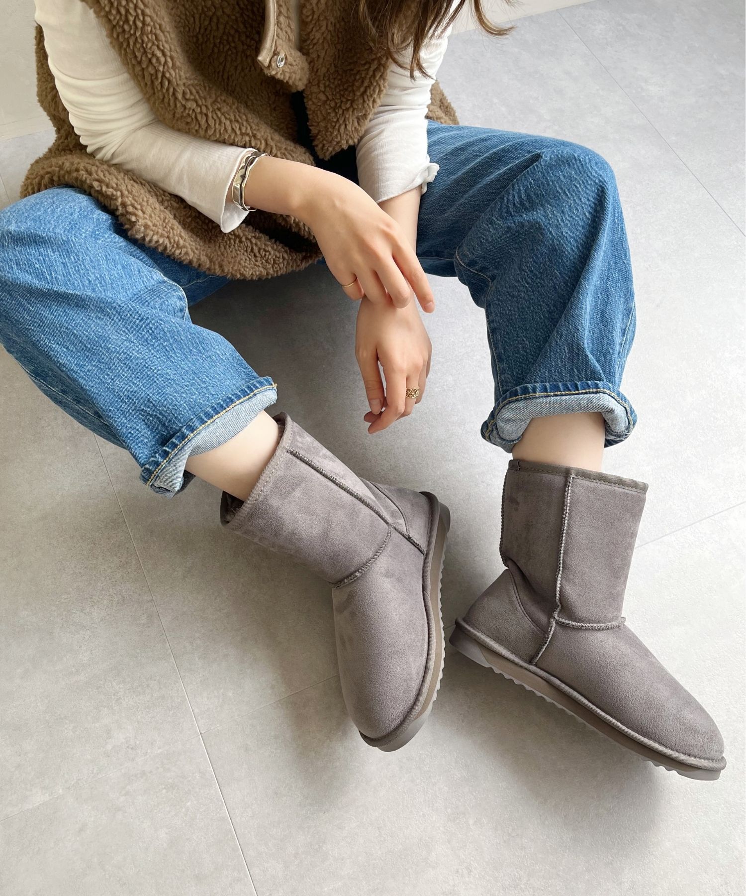 ORiental TRaffic「【累計2万足突破】  ミドル ムートン ブーツ /25401 折り返しても使える！ 防寒」|ショートブーツ|GREY