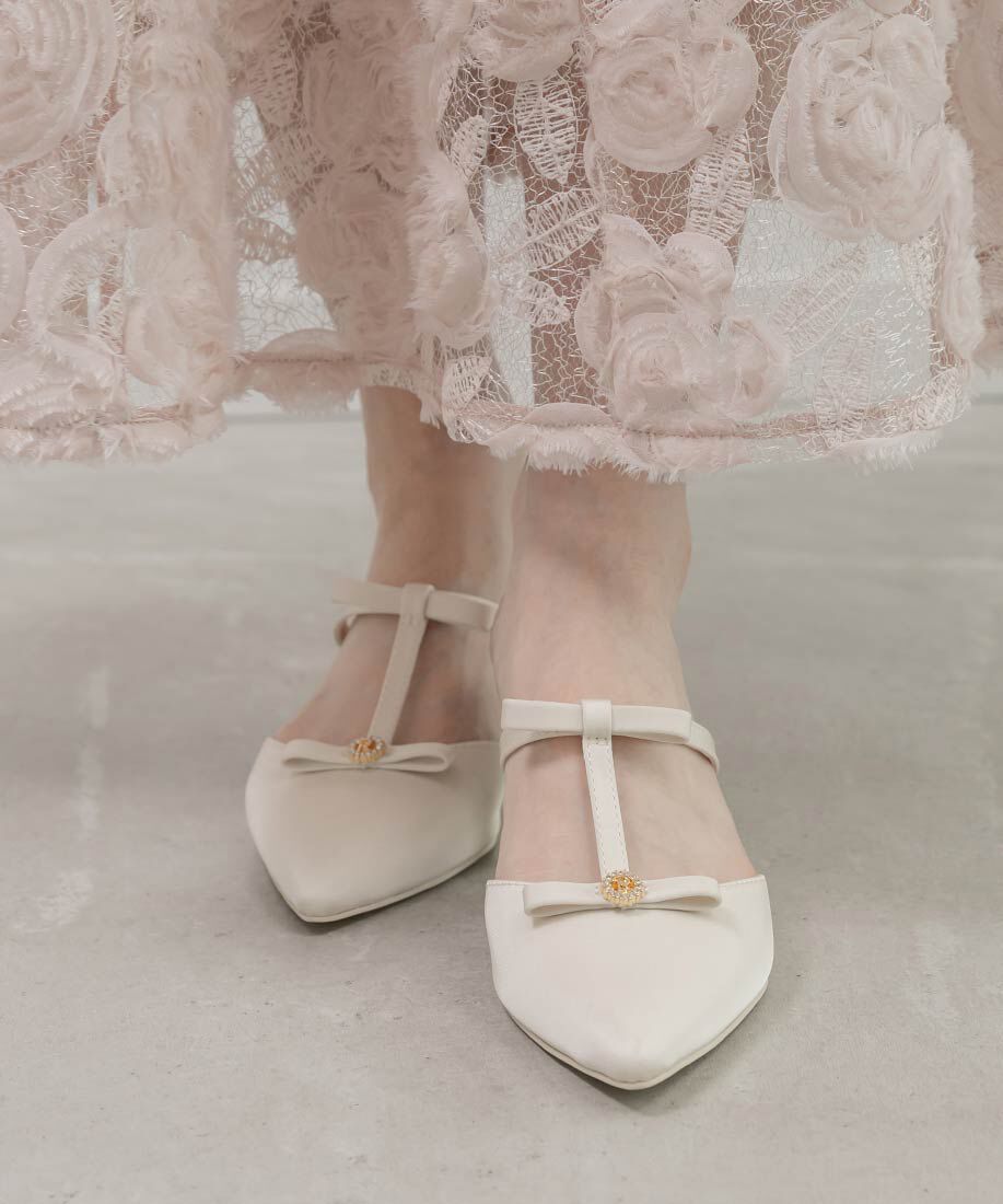  「ビジューリボンTストラップミュールパンプス」|パンプス|