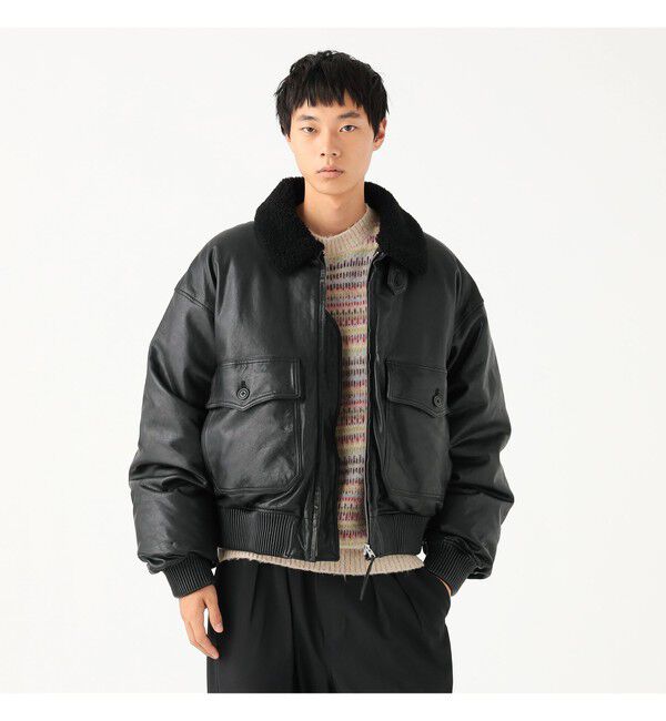 BEAMS「ワイドショートフィット G-1 シープレザー ダウンジャケット」|ブルゾン・スタジャン|