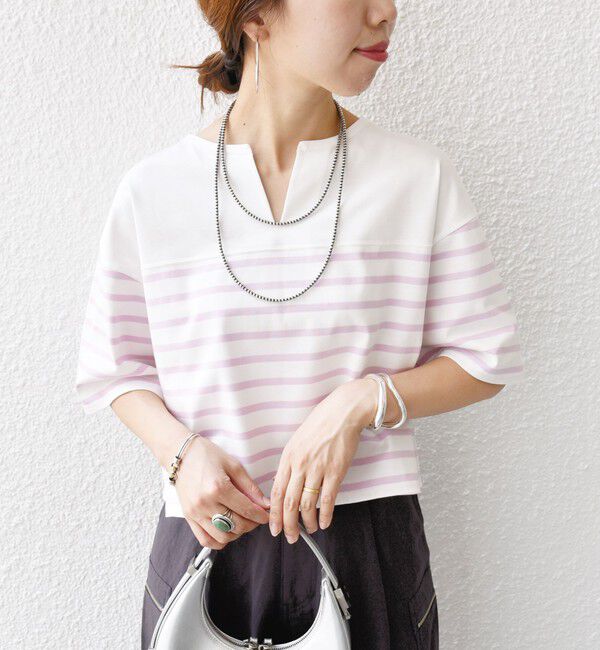 SHIPS for women「〈手洗い可能〉オーガニック 綿 ボーダー ショート スリーブ」|Tシャツ・カットソー|ラベンダー