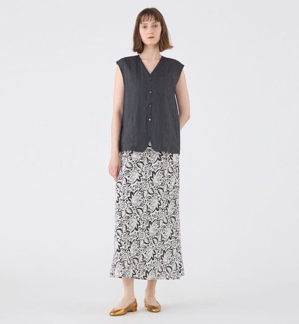 SOULEIADO「リネンプリント ナロースカート」|フレア|