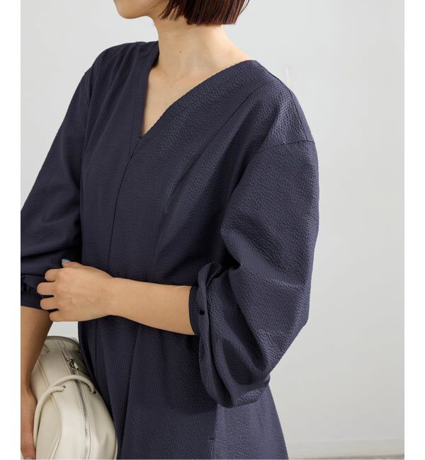 IENA「《予約》サッカーVネックフレアワンピース」|ワンピース|ネイビー A