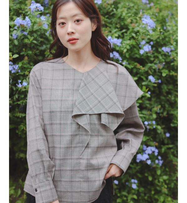  「アシメフリルケープチェックブラウス」|シャツ・ブラウス|ブラウン柄