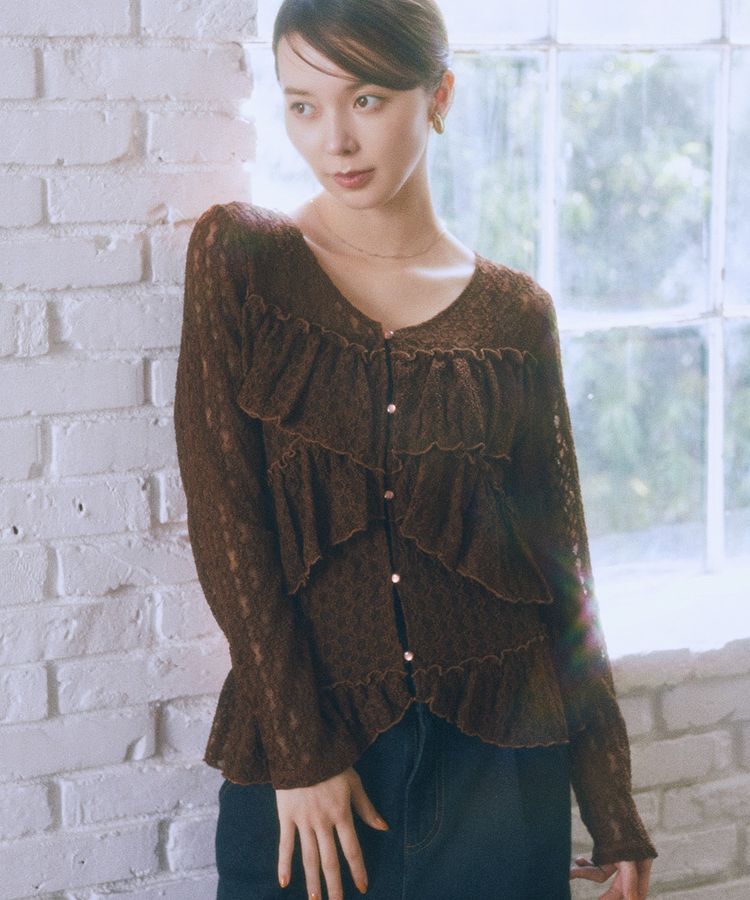 earth music&ecology「レースフリルメローカーディガン」|カーディガン|Brown