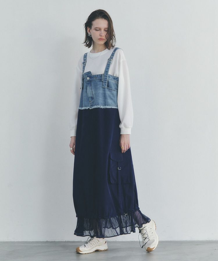 Editt by YECCA VECCA「デニムMIXデザインサロペット」|オールインワン|