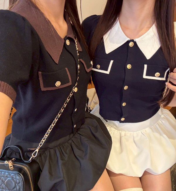  「金ボタン配色衿ニットトップス」|ニット・セーター|