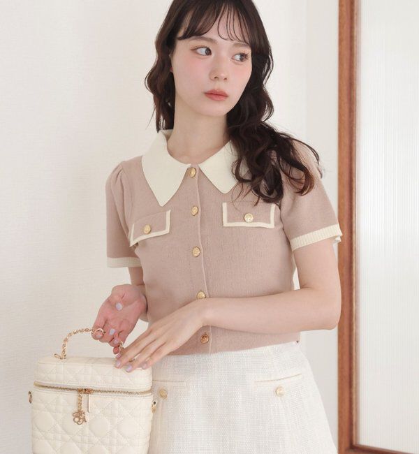  「金ボタン配色衿ニットトップス」|ニット・セーター|ベージュ