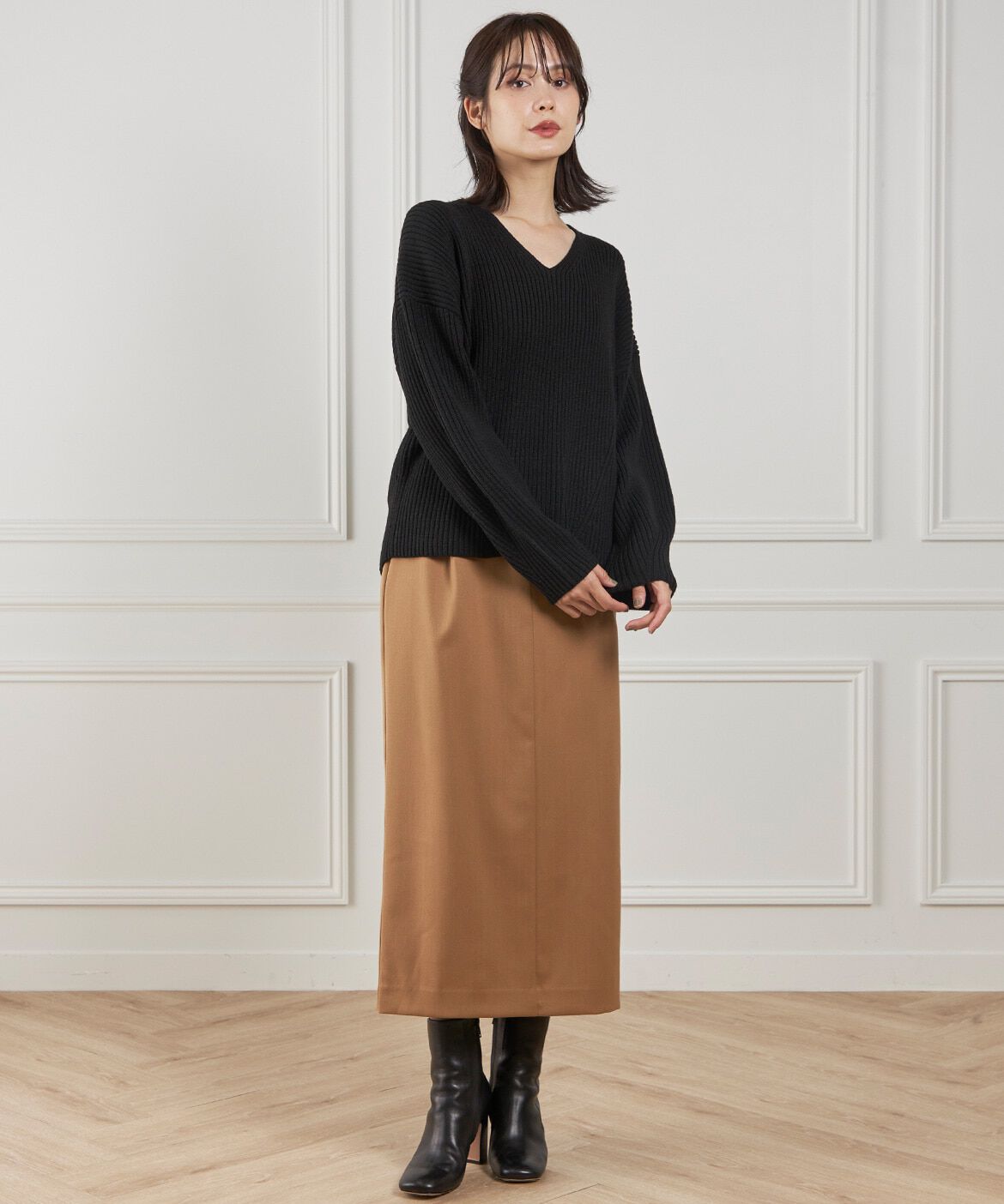 INED「《大きいサイズ》ベルテッドスカート」|タイト|