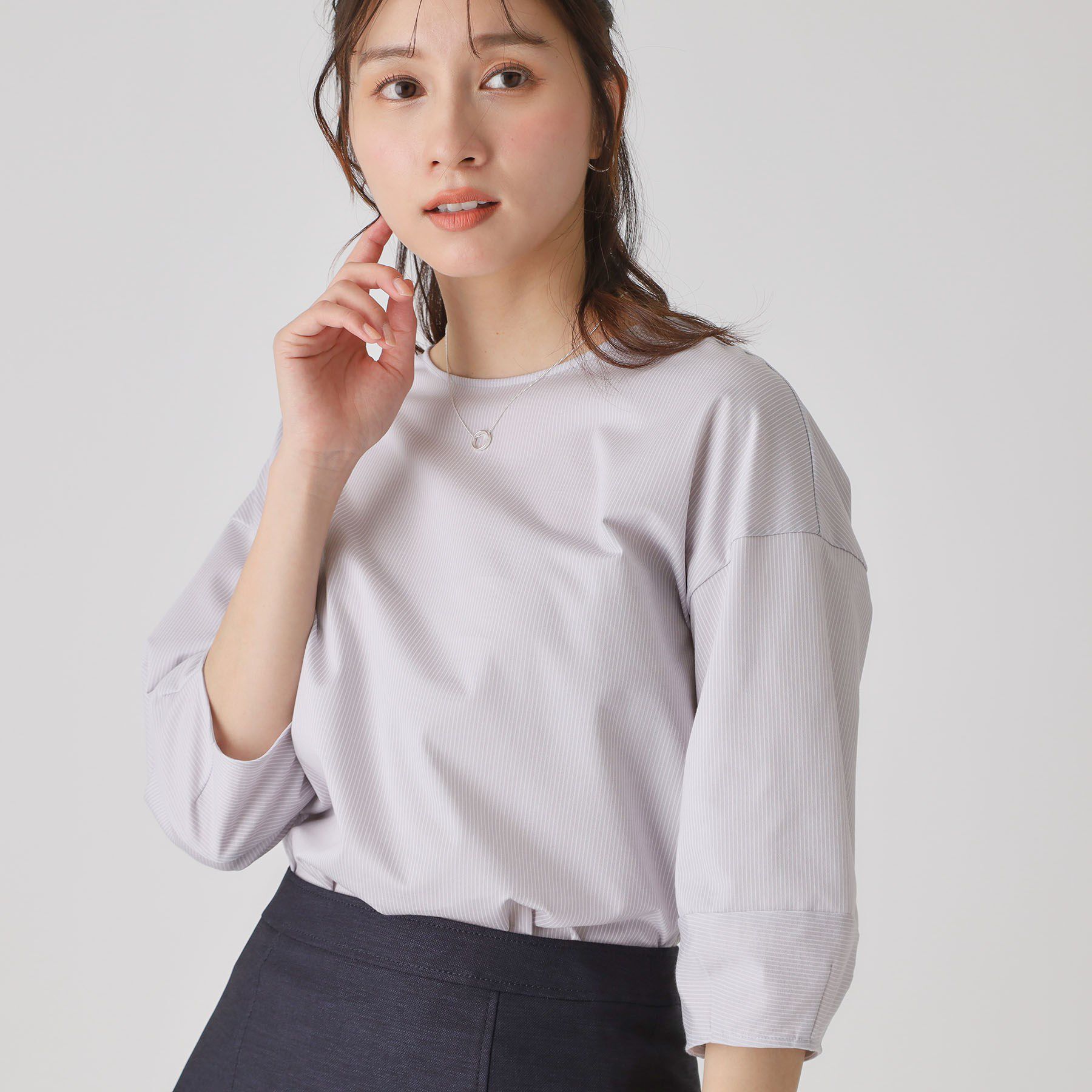 COUP DE CHANCE「【洗える／日本製／】ストライプ柄ジャージのトップス」|Tシャツ・カットソー|グレー(312)