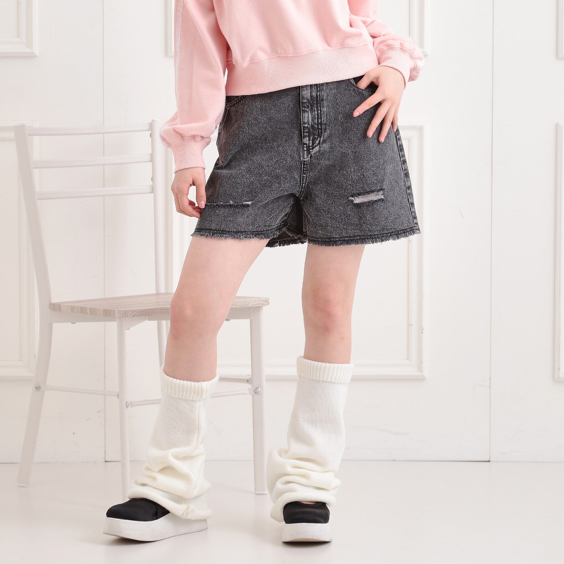 PINK-latte「◆ダメージショートパンツ」|キュロット|ブラック(419)