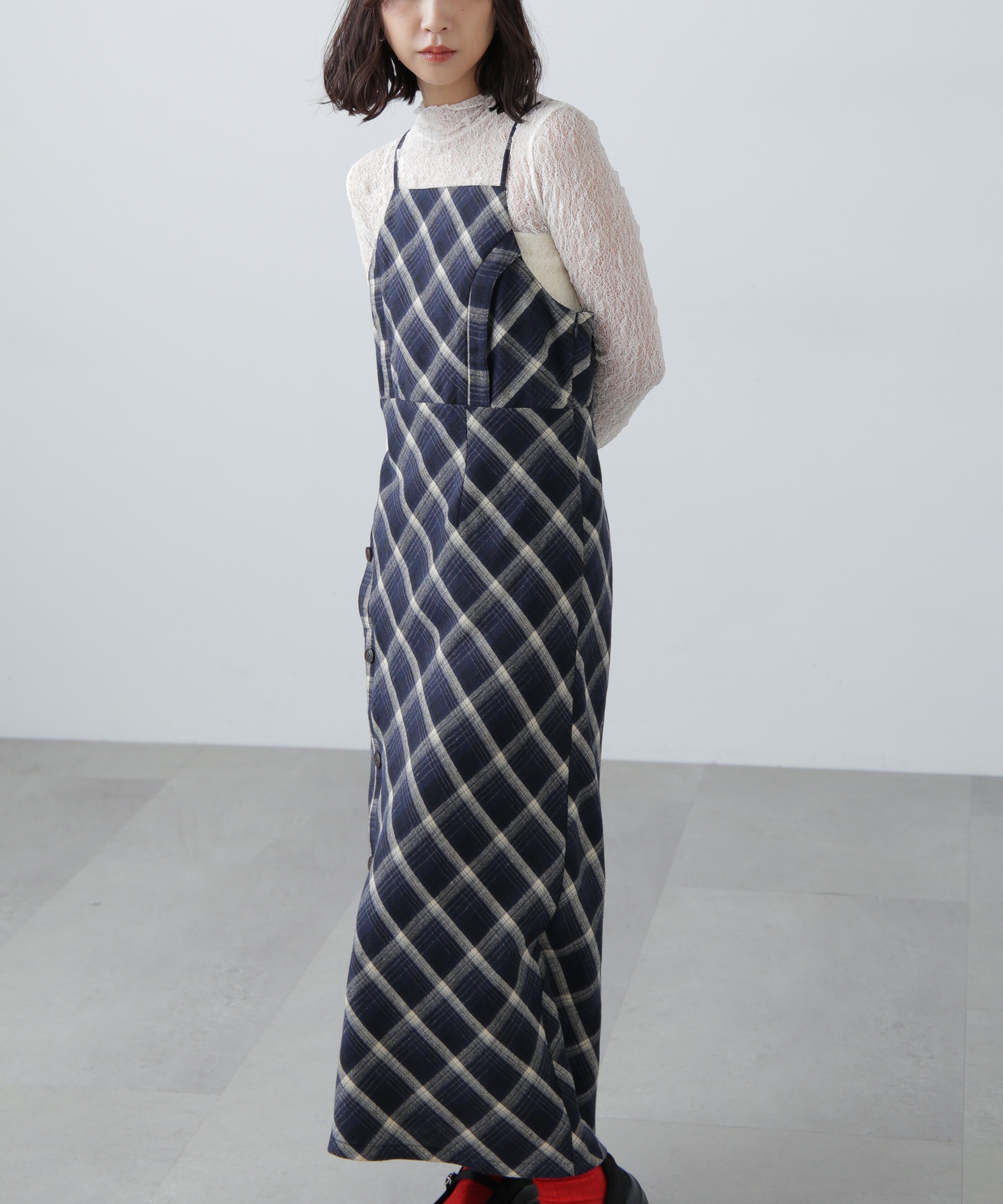  「ボタンスリットチェックキャミワンピース」|ワンピース|