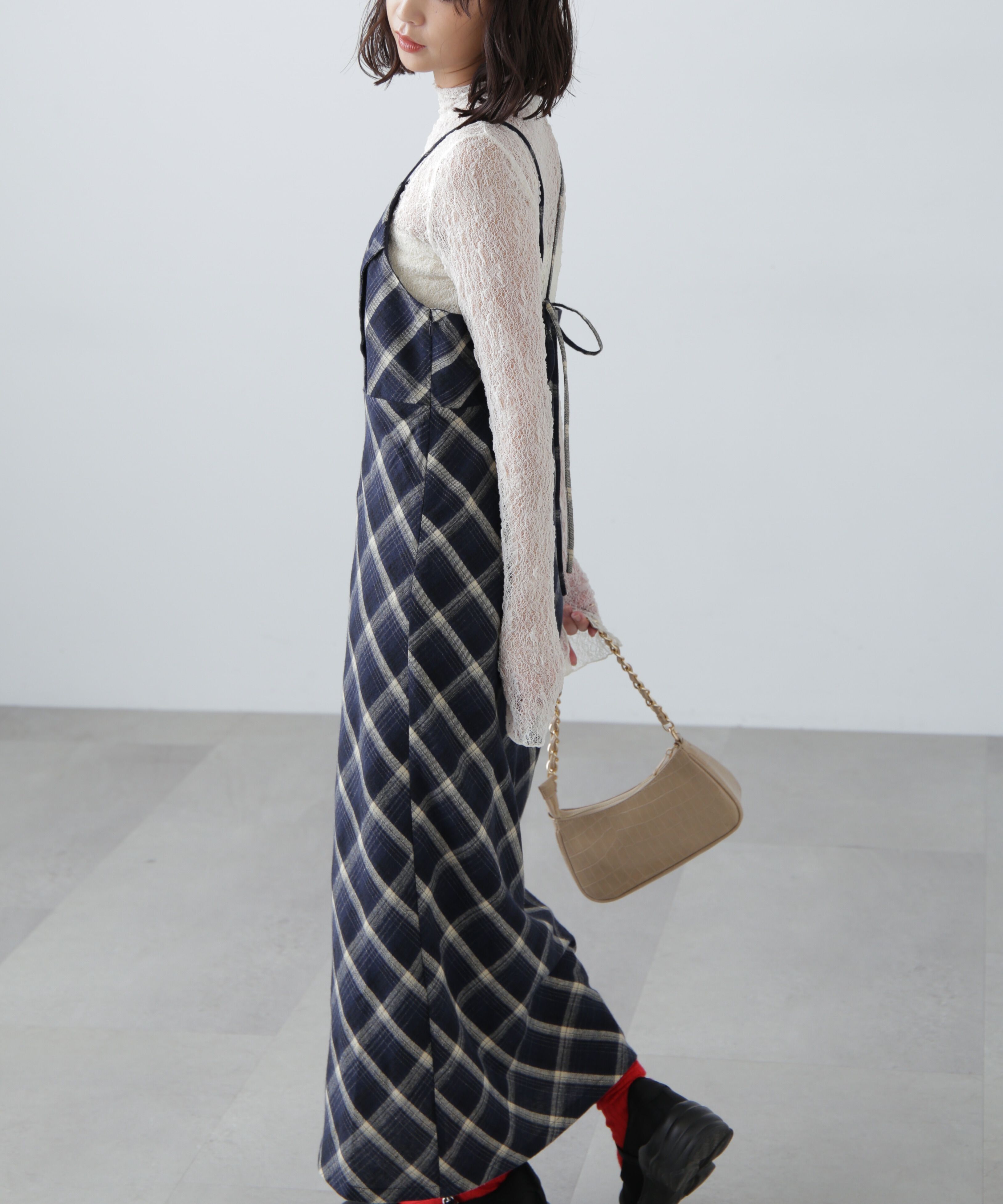  「ボタンスリットチェックキャミワンピース」|ワンピース|