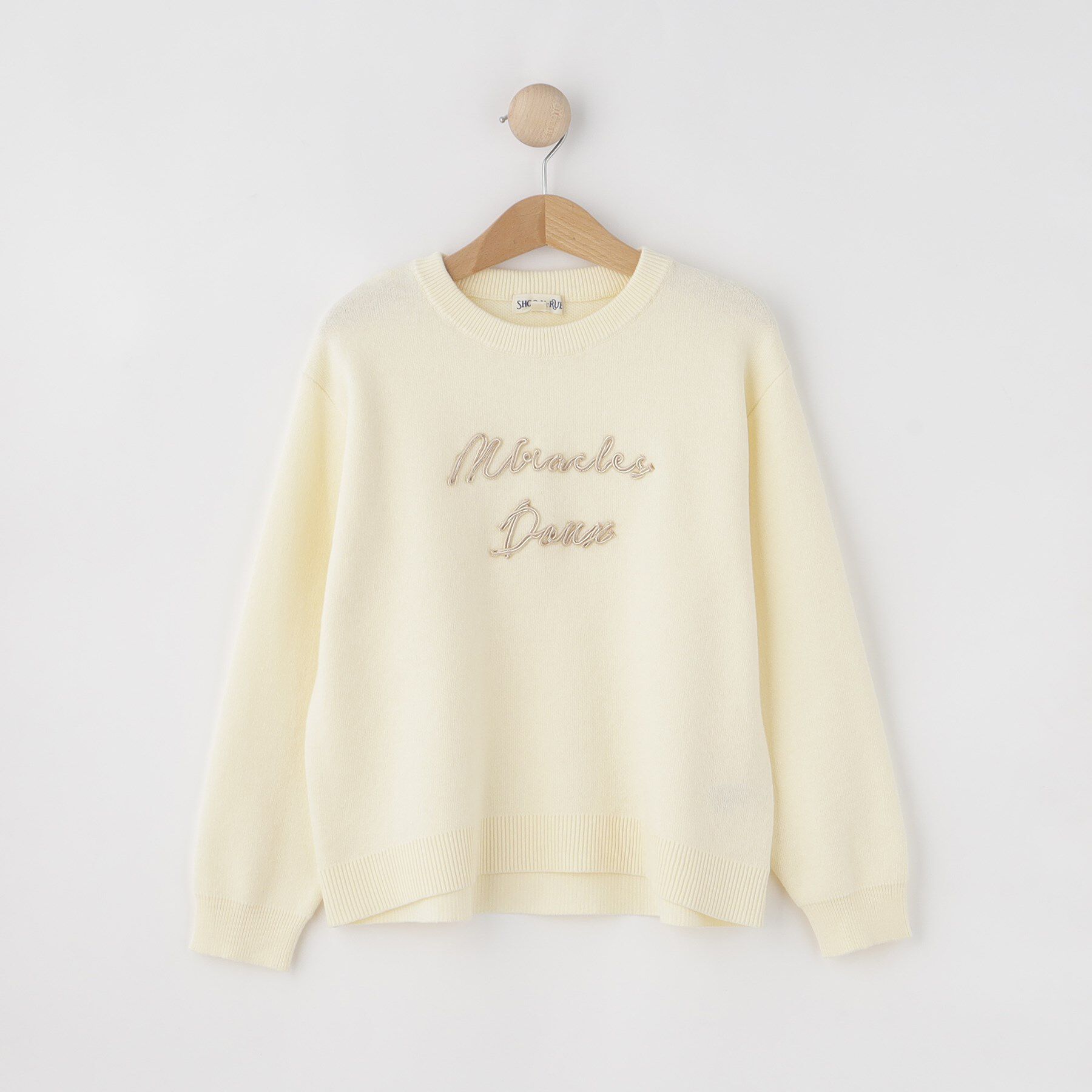 SHOO･LA･RUE「【100-150cm/リンク可/洗濯機可】ウェットライク刺繍ロゴニット」|ニット・セーター|アイボリー(004)