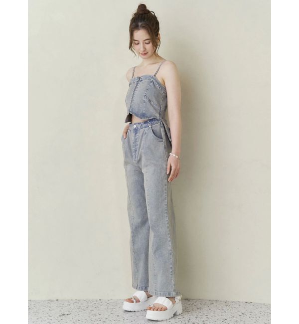 CALNAMUR「BACK RIBBON DENIM ALL IN ONE/バックリボンデニムオールインワン」|ワンピース|