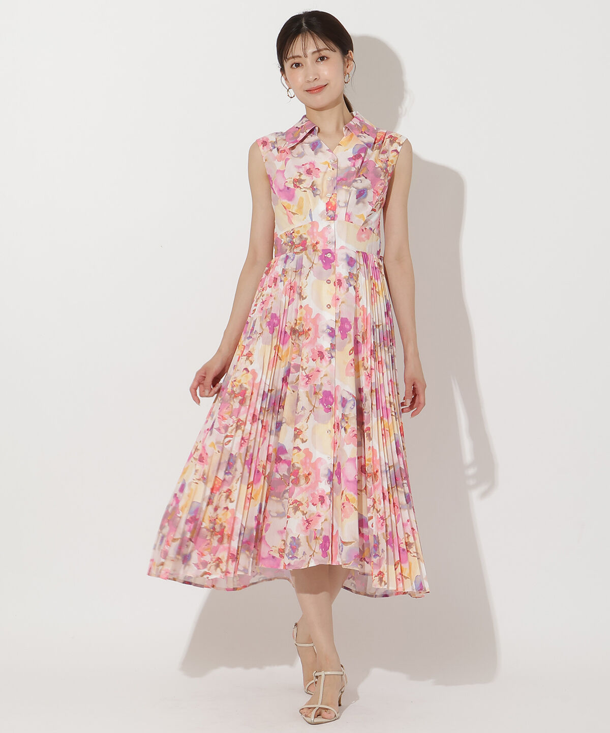 アンドクチュール「シアープリントサイドプリーツワンピース」|ワンピース|