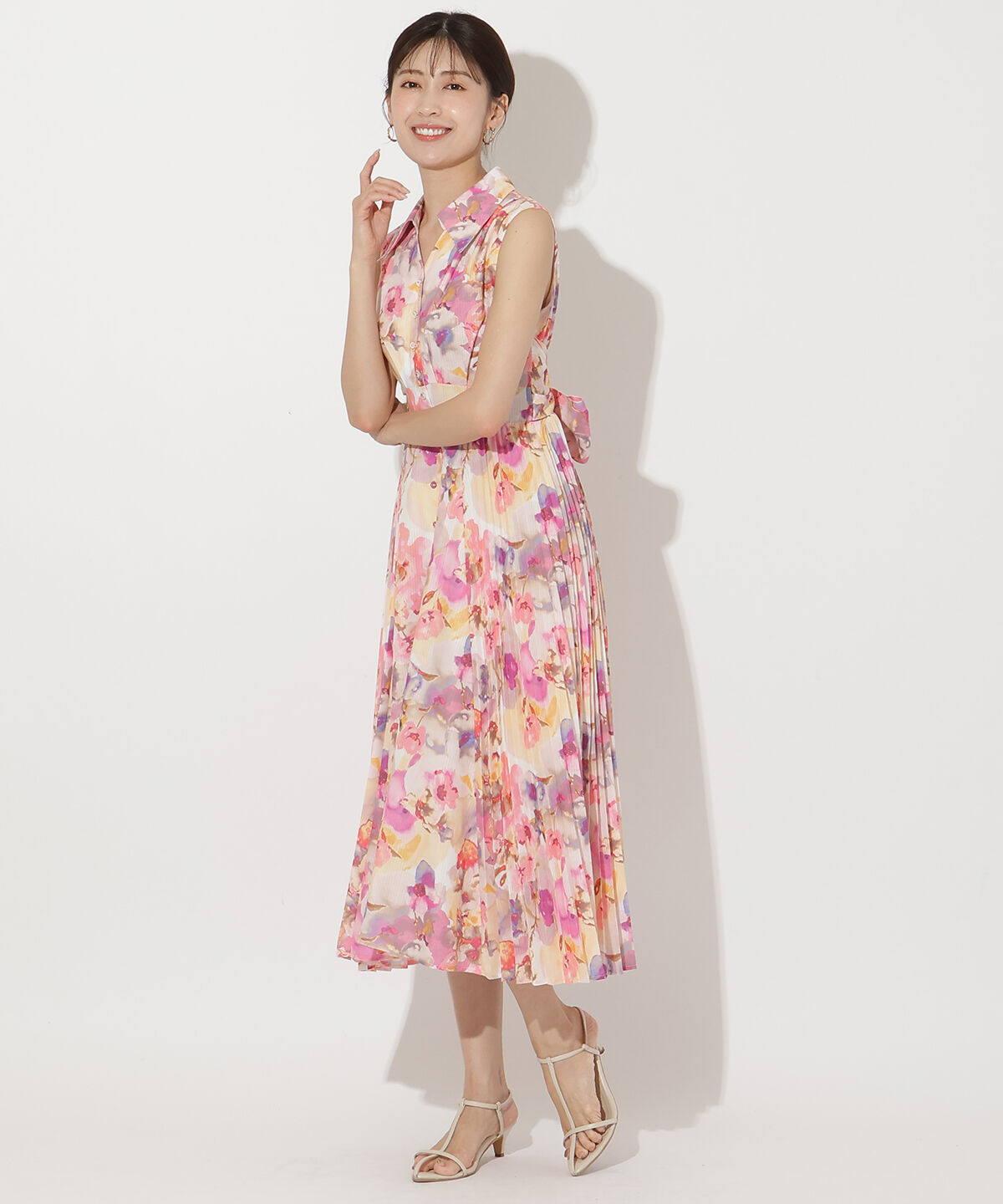 アンドクチュール「シアープリントサイドプリーツワンピース」|ワンピース|