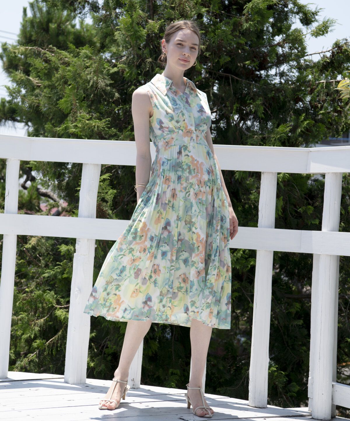 アンドクチュール「シアープリントサイドプリーツワンピース」|ワンピース|