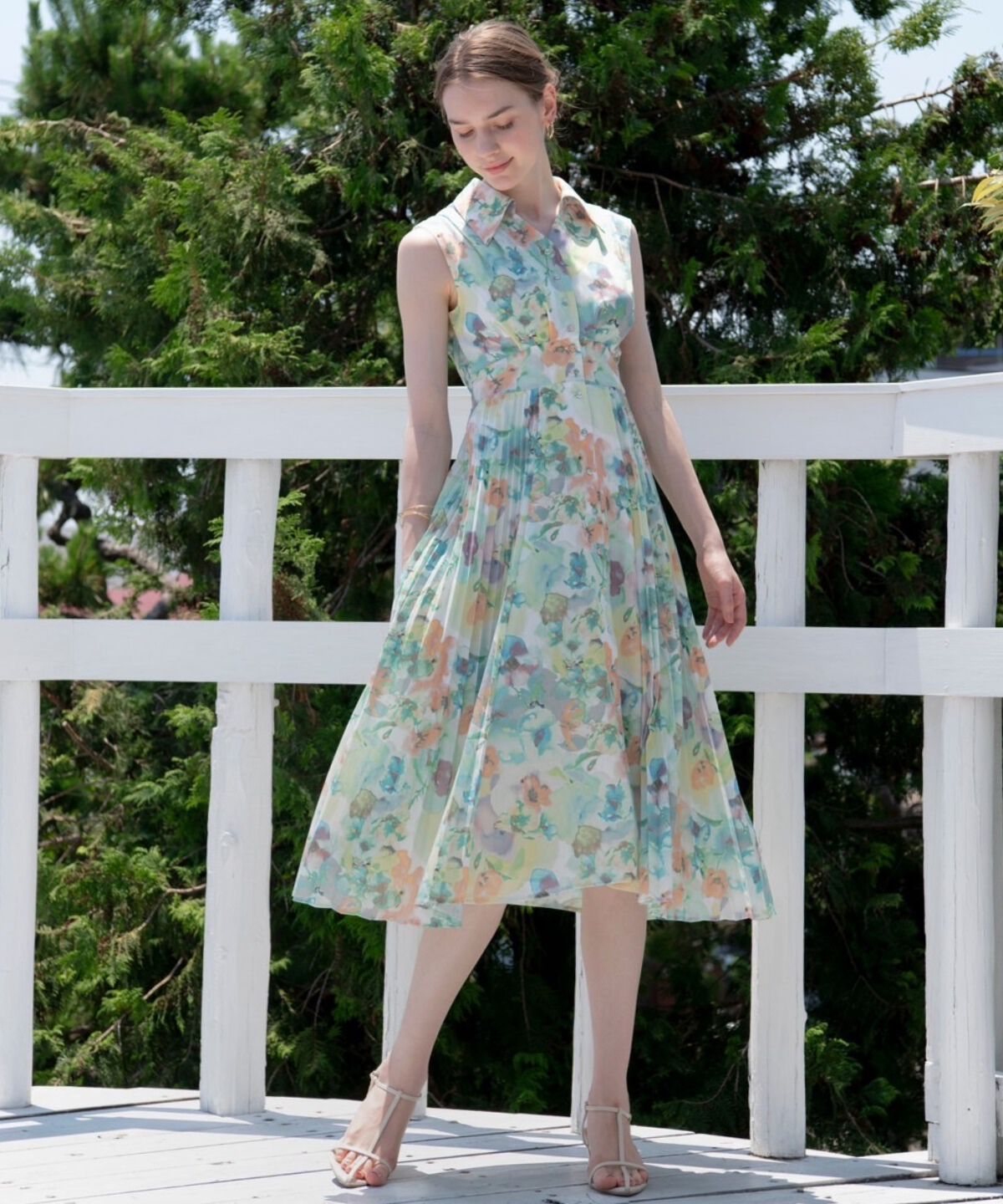 アンドクチュール「シアープリントサイドプリーツワンピース」|ワンピース|