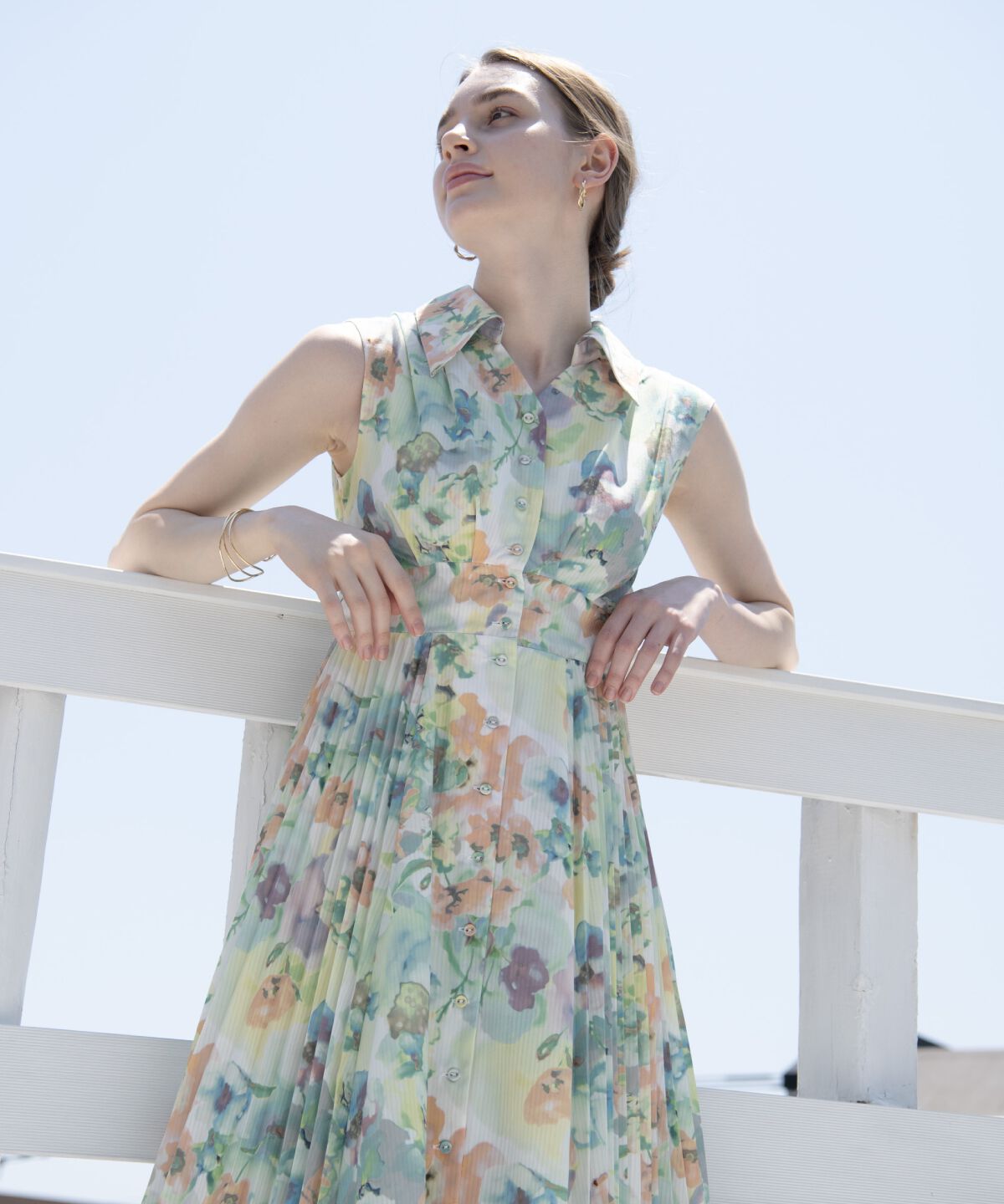 アンドクチュール「シアープリントサイドプリーツワンピース」|ワンピース|