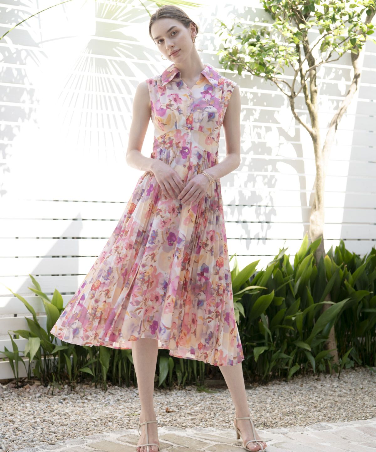 アンドクチュール「シアープリントサイドプリーツワンピース」|ワンピース|